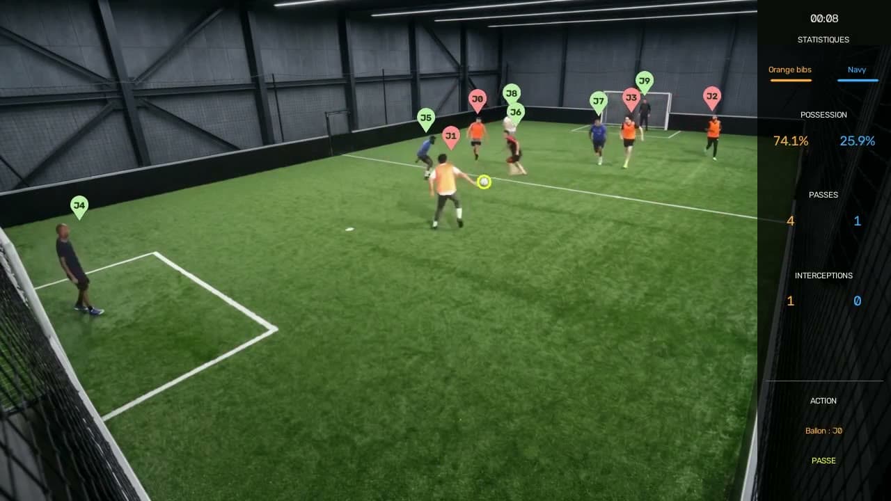 Elevate tracking overlay on privacy-safe indoor football footage